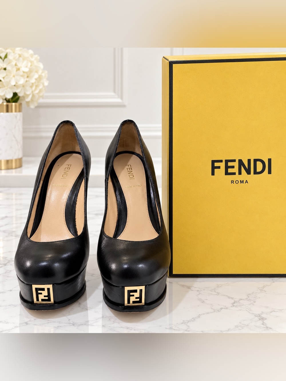 Fendi Gold FF Logo Black Leather Platform Pumps Heels – Size 37.5